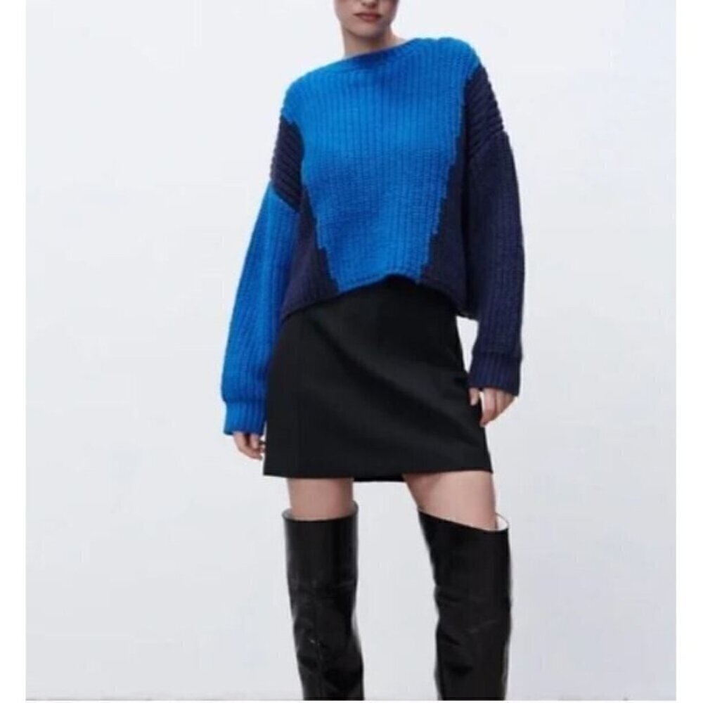 Zara Sweater Womens Medium Blue Color Block Chunky Cropped Boho Blogger Fav